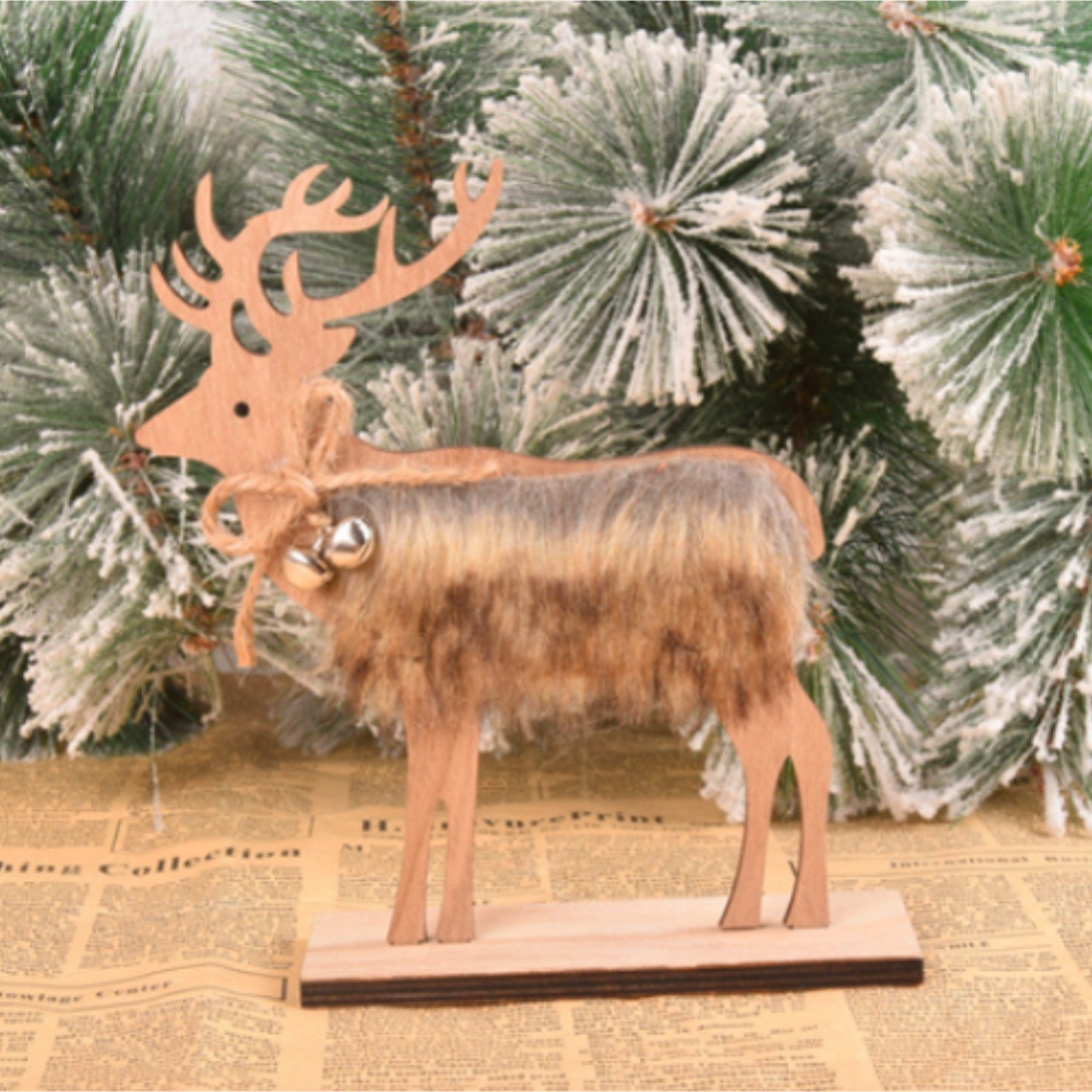 木質貂毛麋鹿裝飾 聖誕裝飾 麋鹿裝飾 桌上佈置(一組大＋小)