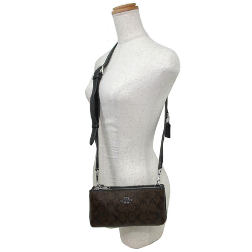 COACH 雙拉鍊PVC雙層橫式肩背包斜背包 深棕x黑色(C