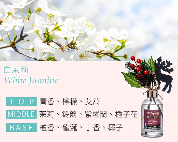 白茉莉 TOP 青香、檸檬、艾蒿 MIDDLE 茉莉、鈴蘭、紫羅蘭、梔子花 BASE 檀香、龍涎、丁香、椰子 