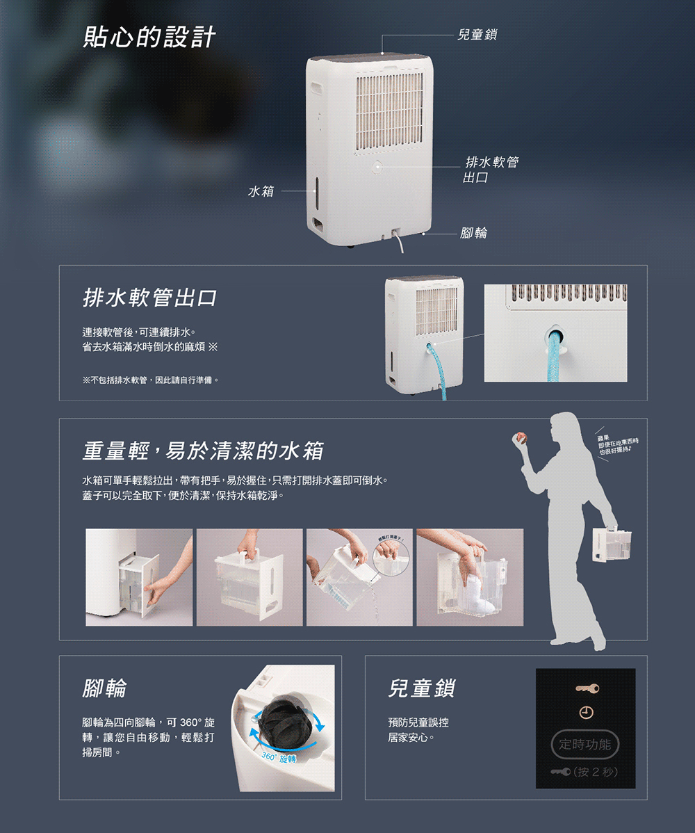 水箱可單手輕鬆拉出,帶有把手,易於握住,只需打開排水蓋即可倒水。