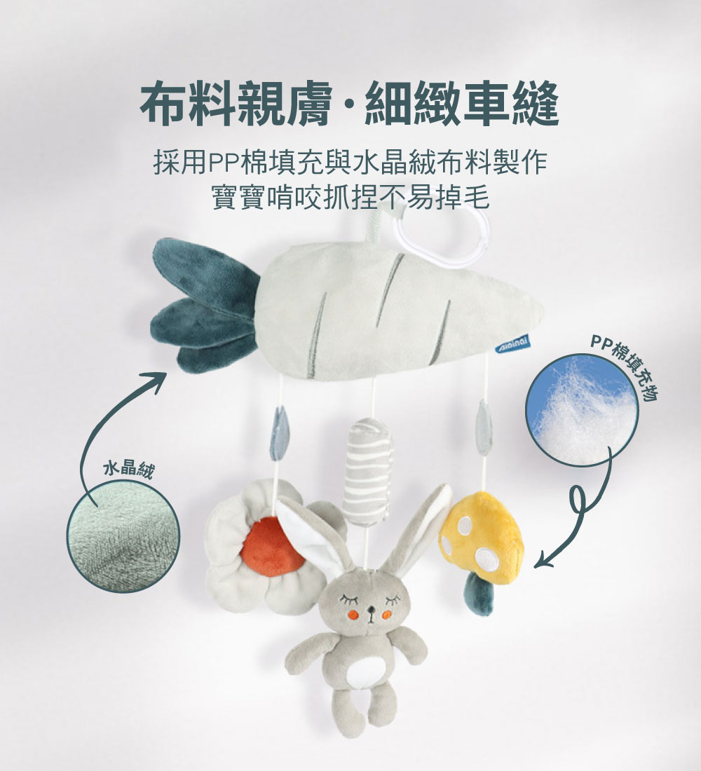 布料親膚細緻車縫 採用PP棉填充與水晶絨布料製作 寶寶啃咬抓捏不易掉毛 水晶絨 PP棉填充彩 