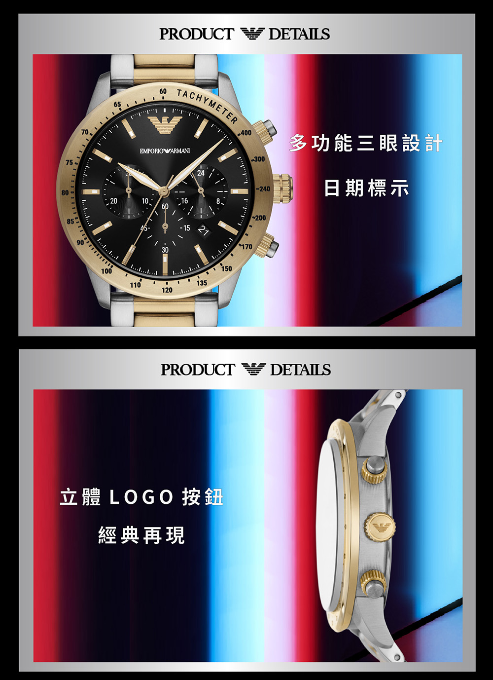 立體 LOGO 按鈕 經典再現 多功能三眼設計 日期標示 