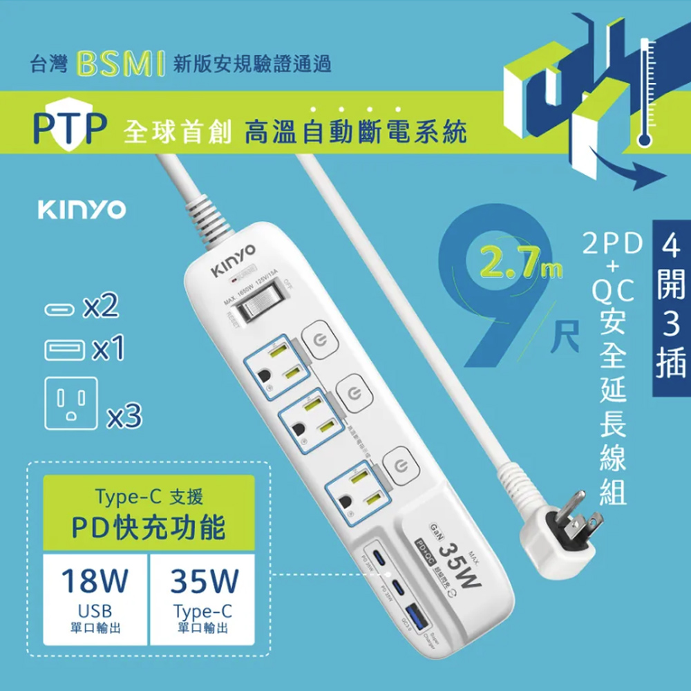 KINYO 35W氮化鎵3U電源分接器4開3插9尺電源線2.
