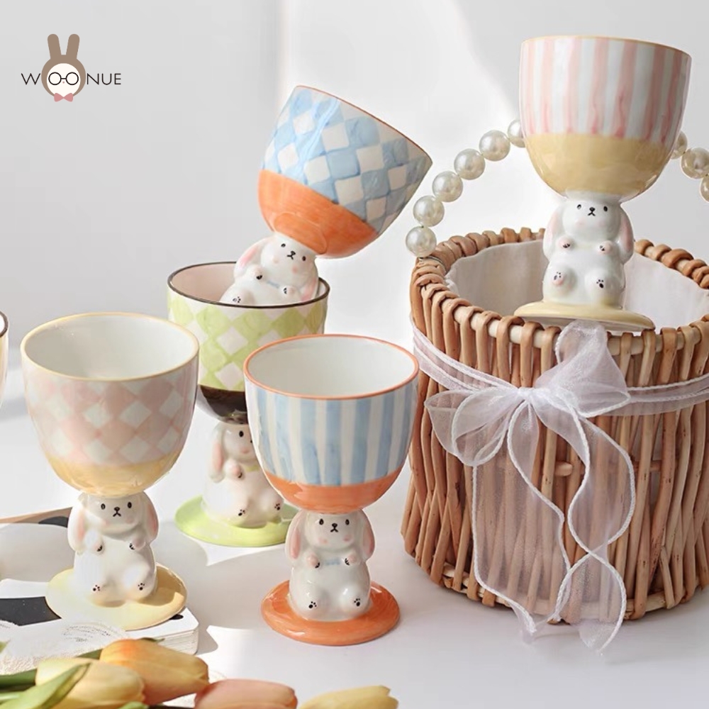WOONUE 進口韓系療癒兔子高腳冰淇淋釉下彩手繪陶瓷馬克杯