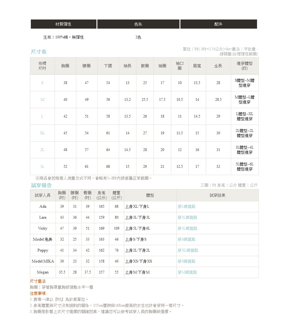 2. 身高體重與尺寸沒有絕對的關係,155cm豐腴與168cm瘦高的女生也許會穿同一個尺寸。