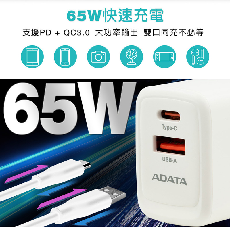 ADATA 威剛 65W GaN氮化鎵 超高速USB-A/U