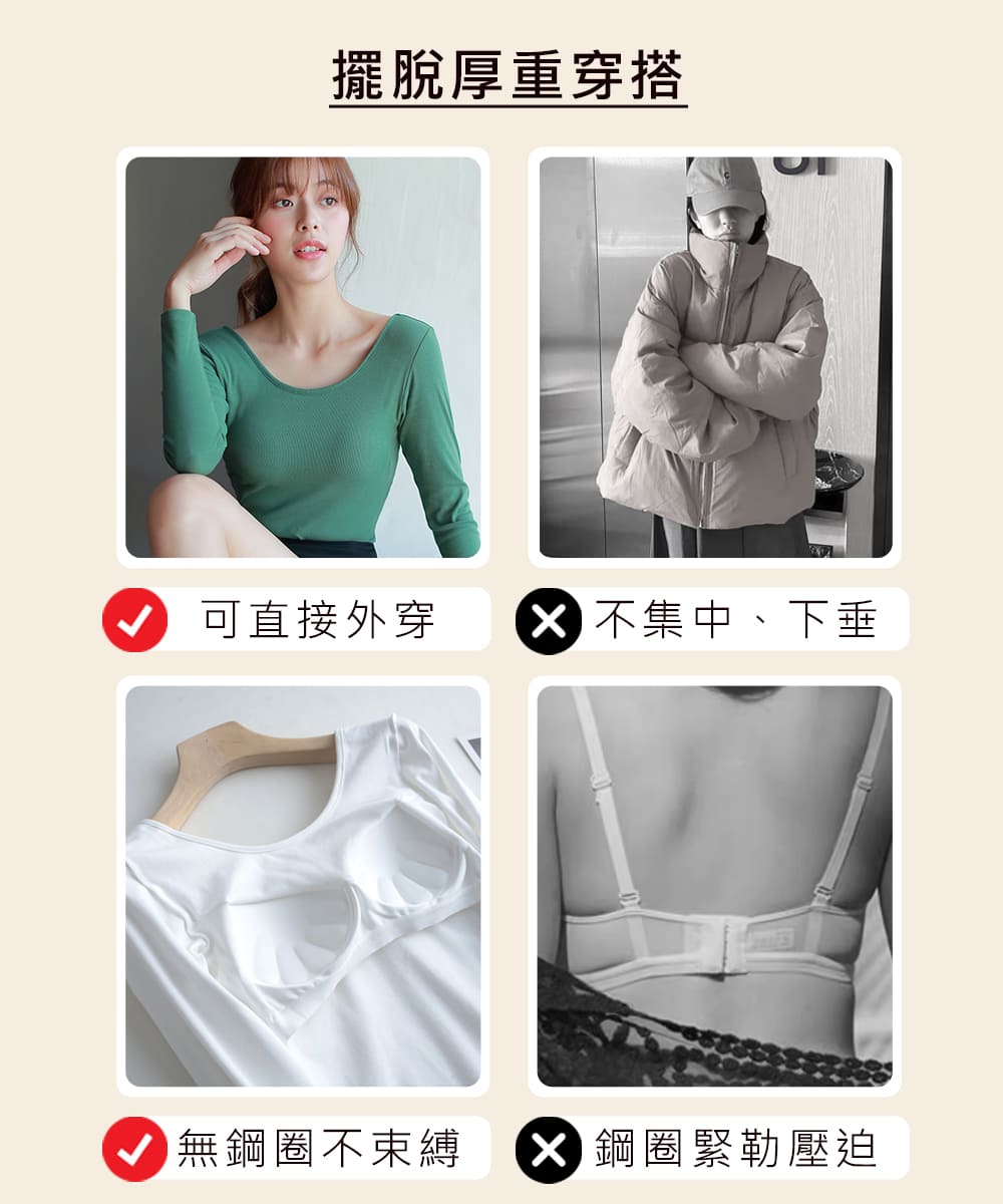 擺脫厚重穿搭 可直接外穿 X 不集中、下垂 無鋼圈不束縛 X鋼圈緊勒壓迫 