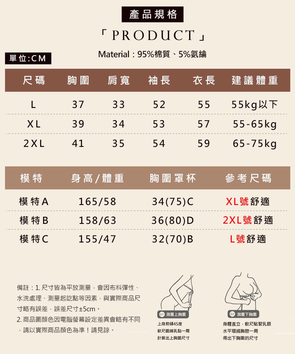 備註 1. 尺寸皆為平放測量,會因布料彈性、