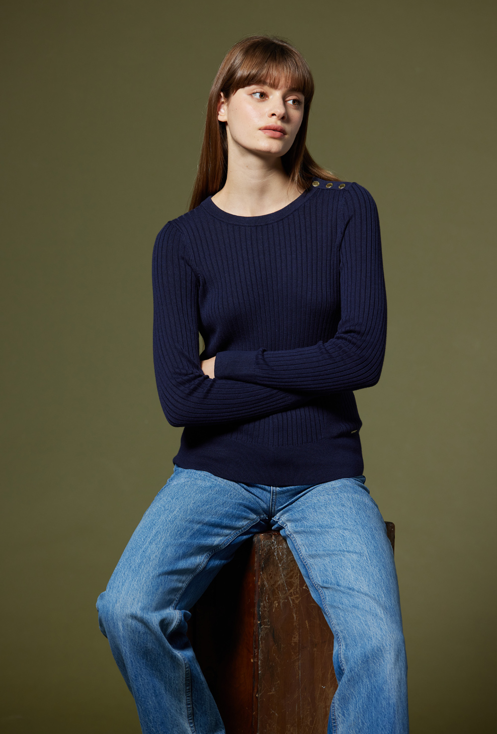 NAUTICA 女裝 直坑條紋長袖針織衫(深藍)品牌優惠