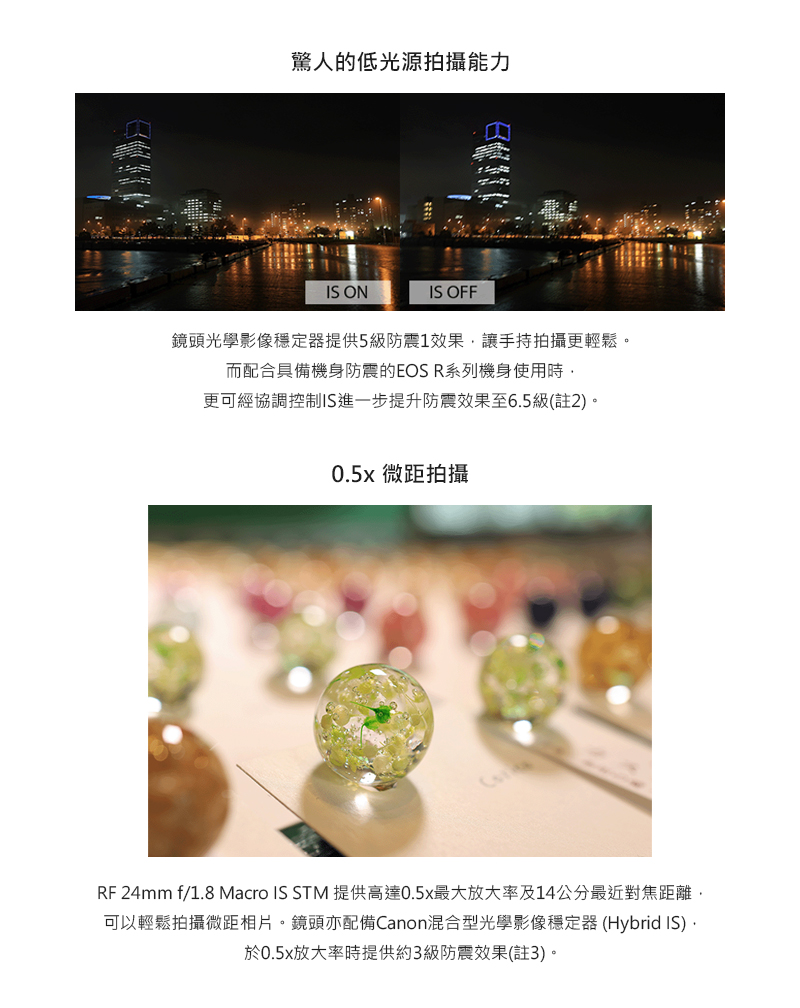 RF 24mm f1.8 Macro IS STM 提供高達0.5x最大放大率及14公分最近對焦距離,