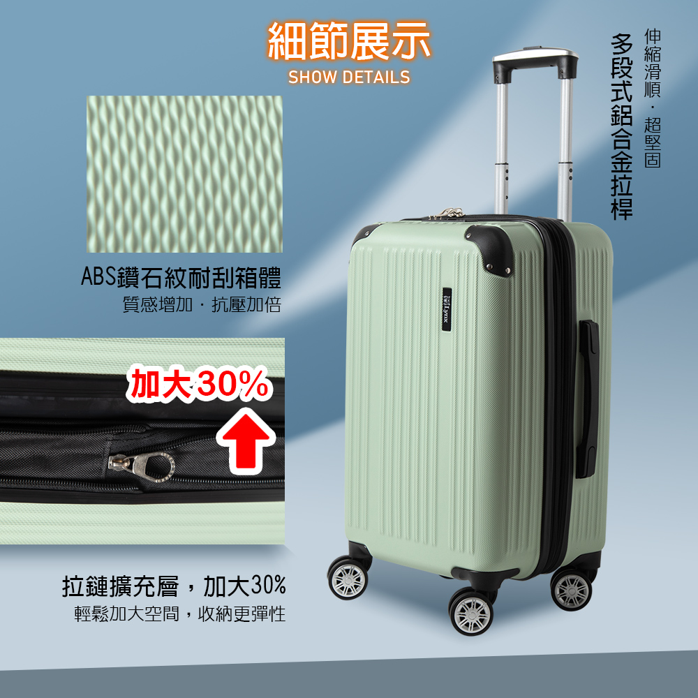 細節展示SHOW DETAILSABS紋耐刮箱體質感增加抗壓加倍30%⇧拉鏈擴充層,加大30%輕鬆加大空間,收納更彈性