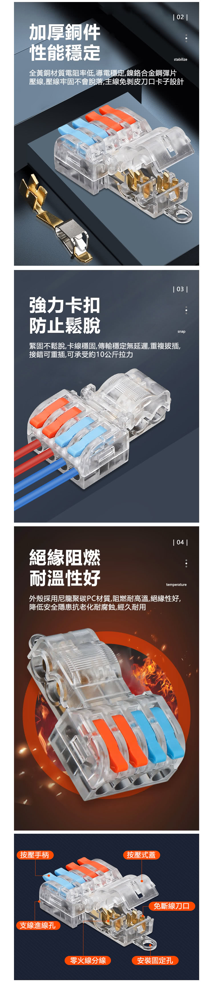 台灣霓虹 T型免破線二進四出快速接線端子-線徑0.5-1.5