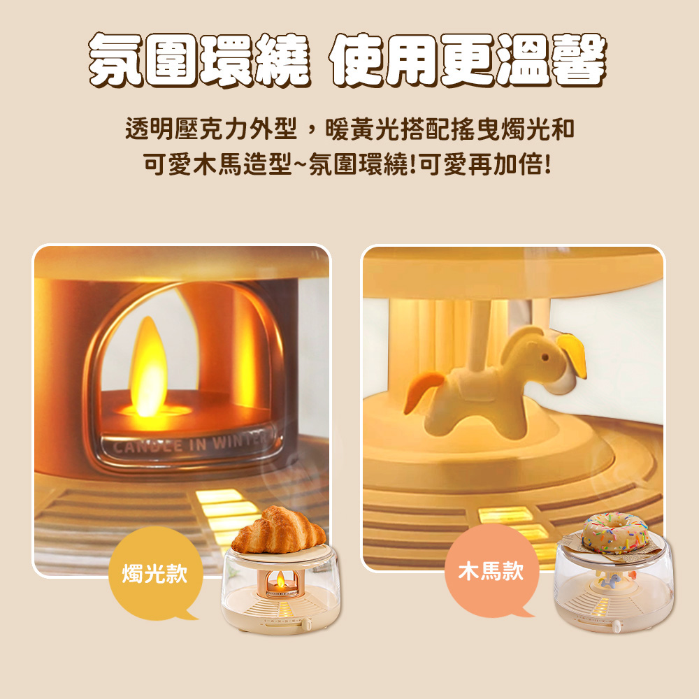 氛圍環繞 使用更溫馨 透明壓克力外型,暖黃光搭配搖曳燭光和 可愛木馬造型氛圍環繞可愛再加倍 燭光款 木馬款 