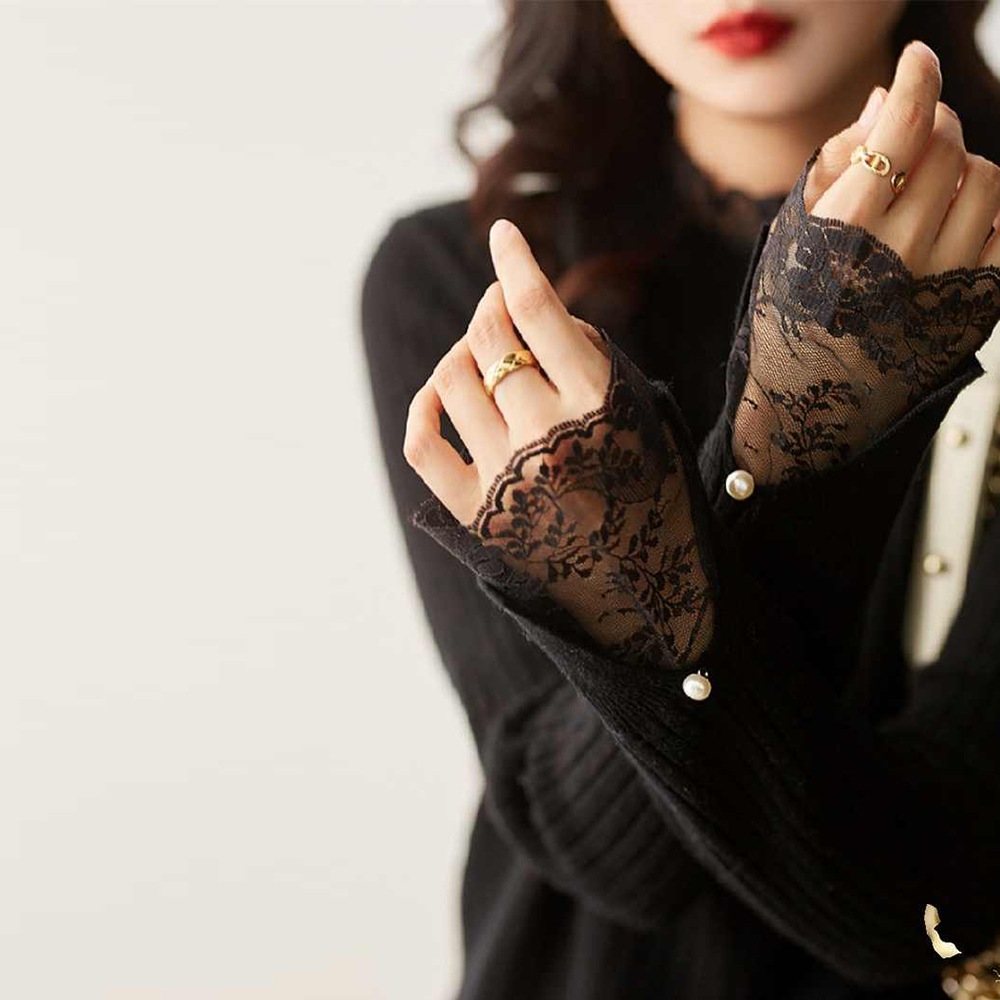 JILLI-KO 時尚設計款女蕾絲長袖坑條針織衫-F(黑)優