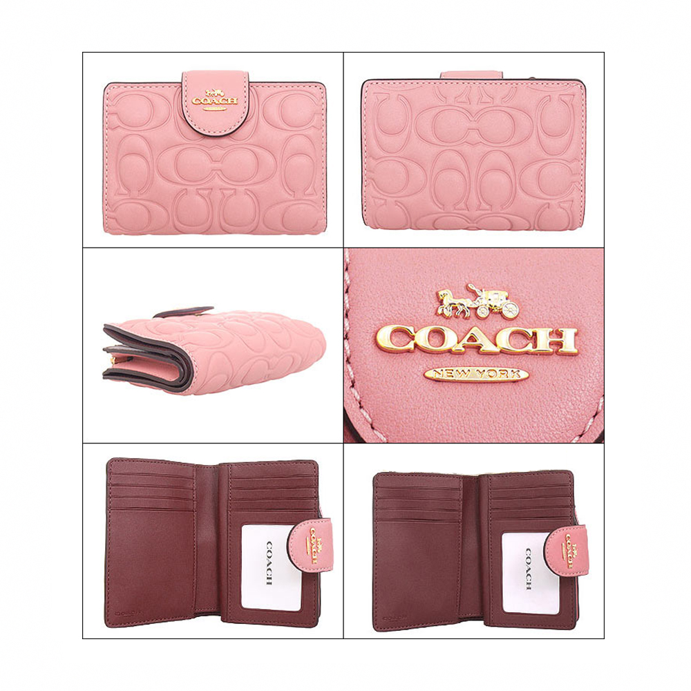 COACH 櫻花粉C LOGO皮革浮印拉鍊中夾(CM241 