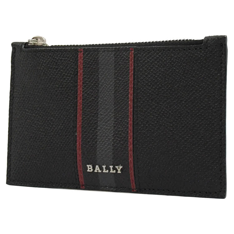 BALLY 金屬品牌LOGO紅灰紅條紋牛皮信用卡零錢包(黑)