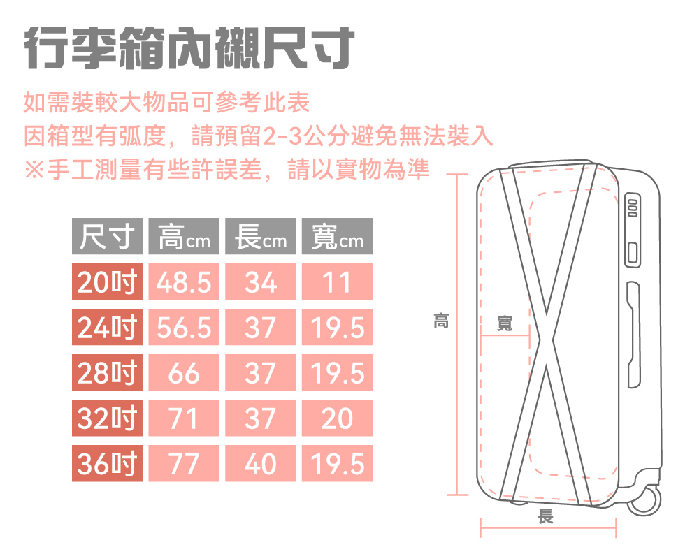 因箱型有弧度,請預留23公分避免無法裝入