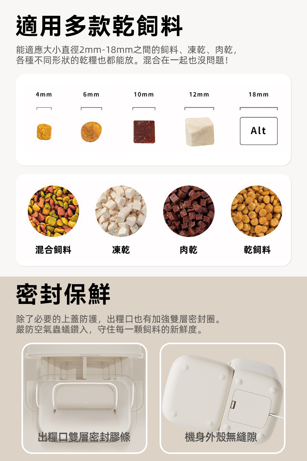 能適應大小直徑2mm18mm之間的飼料、凍乾、肉乾,