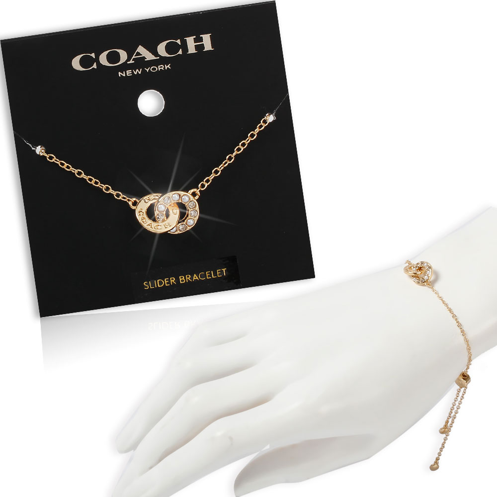 COACH 簡約LOGO字樣互扣珍珠水鑽雙圓造型手鍊.項鍊(