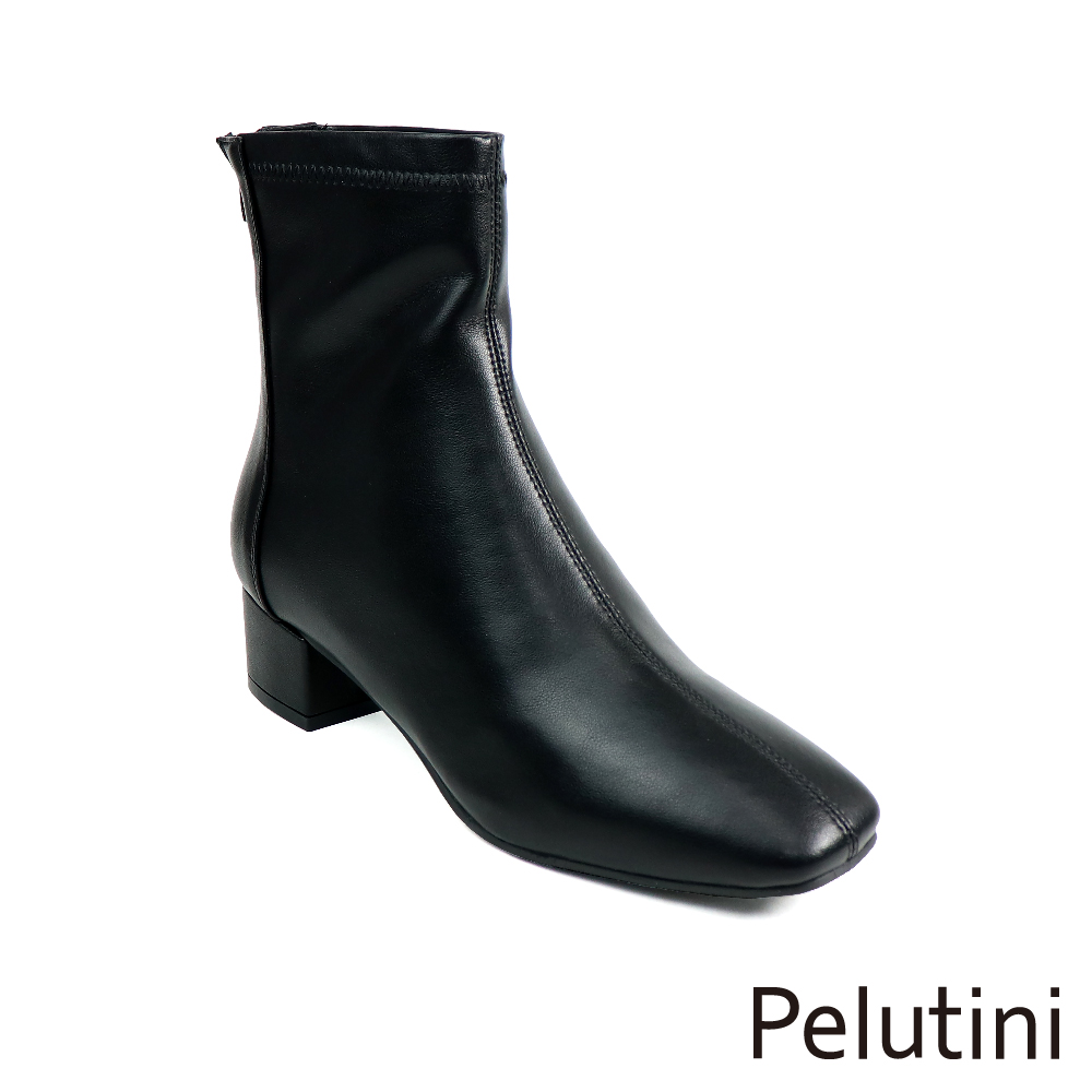 Pelutini 經典素面方頭粗跟拉鍊短襪靴 黑色(PE20