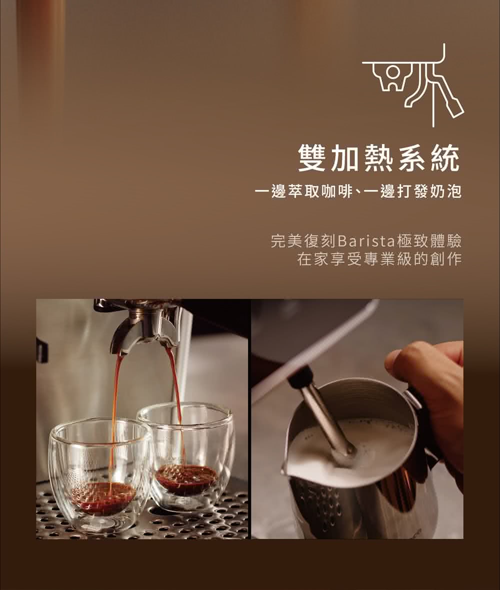 雙加熱系統 一邊萃取咖啡、一邊打發奶泡 完美復刻Barista極致體驗 在家享受專業級的創作 