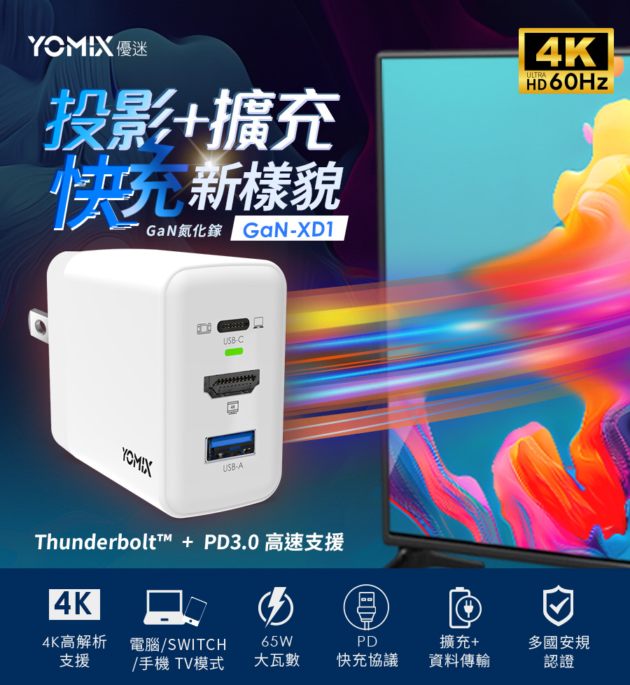 YOMIX 優迷 4K影像轉接65W三孔快充充電器(HDMI