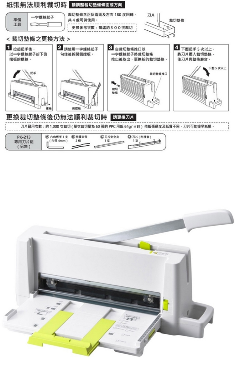 刀片耐用次數約1,000 次裁切單次裁切量為 60 張的 PPC 用紙 64g時依紙張硬度及紙質不同,刀片可能提早耗損,