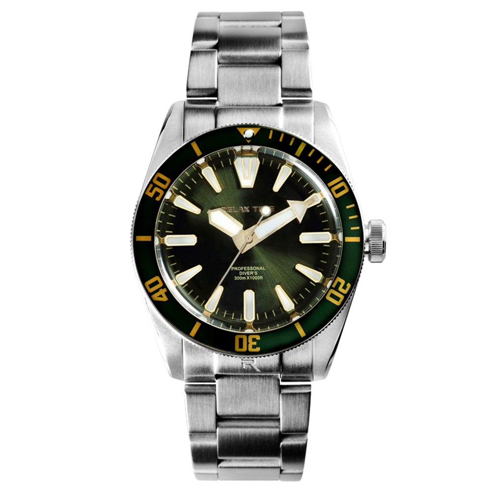 Relax Time 海神系列 300米潛水機械腕錶/銀x綠