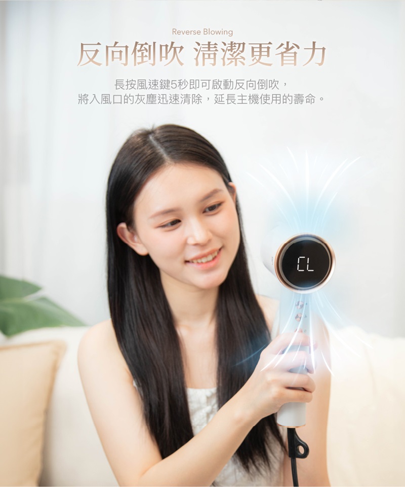 反向倒吹 清潔更省力 長按風速鍵5秒即可啟動反向倒吹, 將入風口的灰塵迅速清除,延長主機使用的壽命。