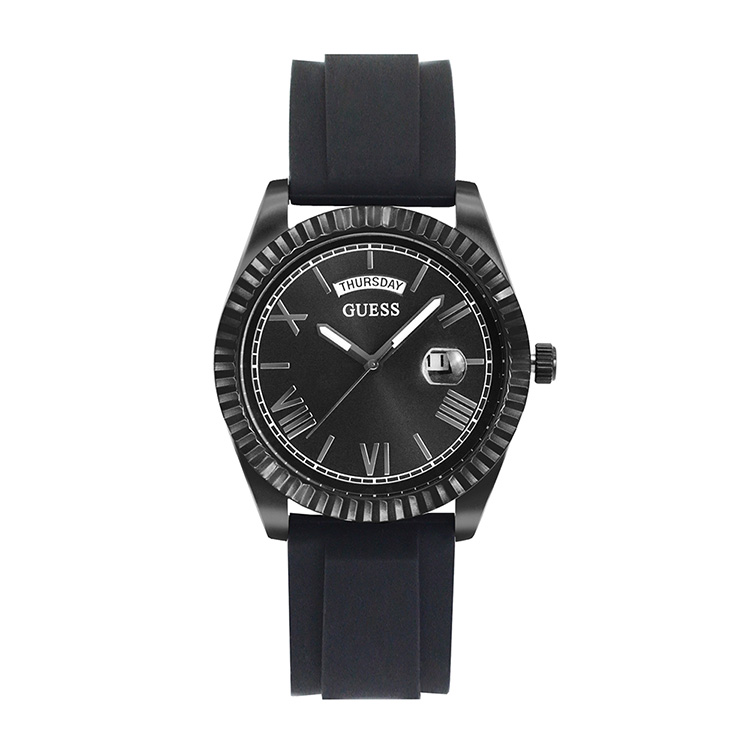 GUESS 黑色系 羅馬刻度腕錶 矽膠錶帶 手錶 星期日期窗