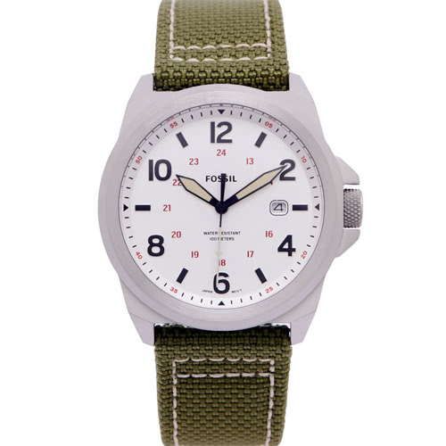 FOSSIL 復古簡約帆布與皮革材質錶帶手錶-銀色面x綠色/