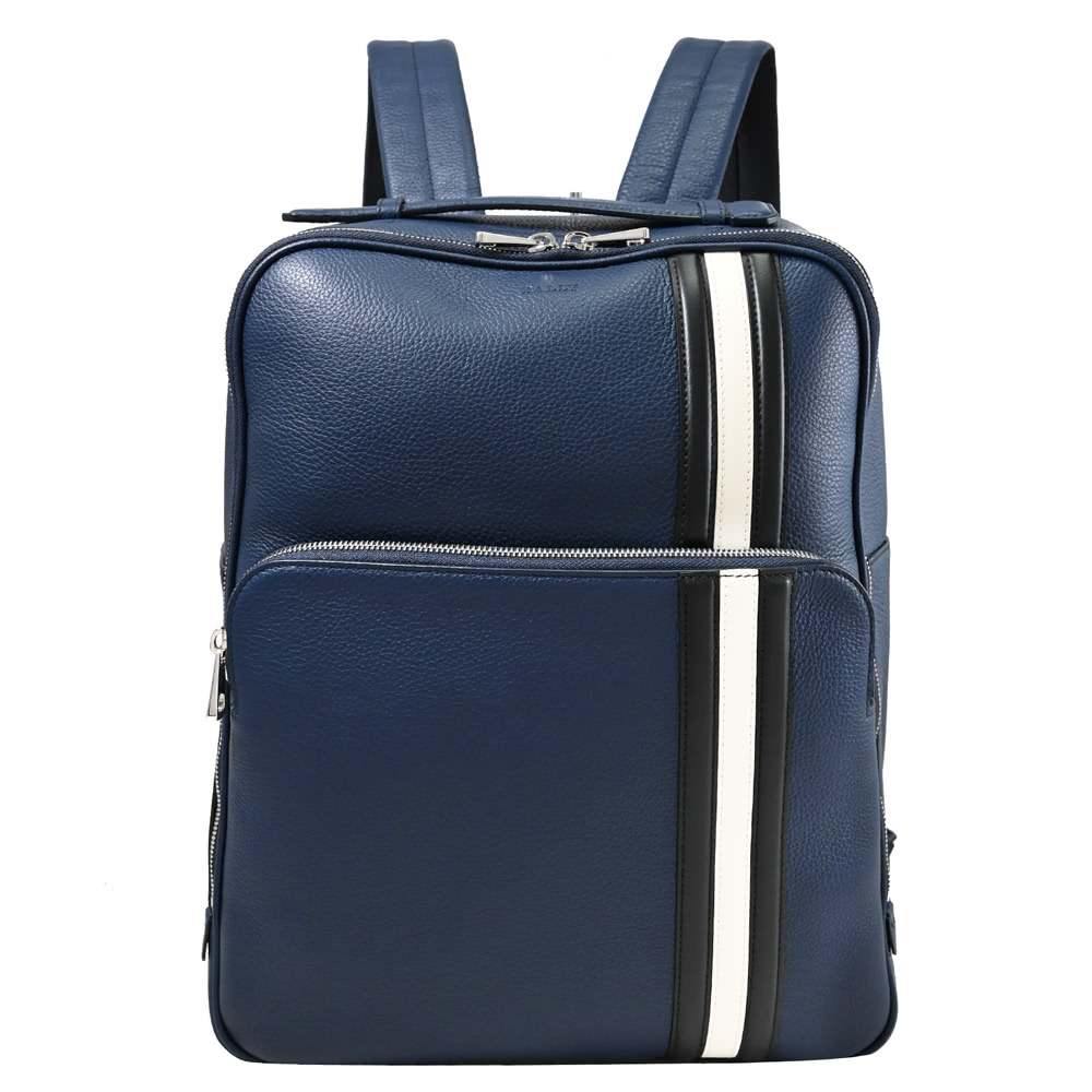 BALLY 經典黑白黑條紋小牛皮前口袋旅用包商務包後背包(墨