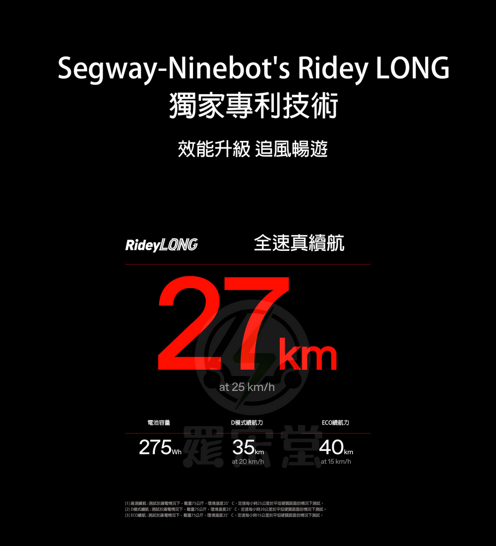 3 ECO續航 測試於滿電情況下,載重75公斤,環境溫度25C,定速每小時15公里於平坦硬質路面的情況下測試。