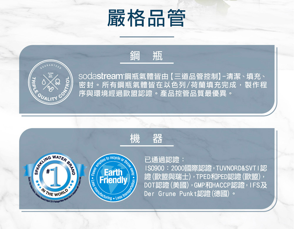 Sodastream鋼瓶氣體皆由 三道品管控制 清潔、填充、