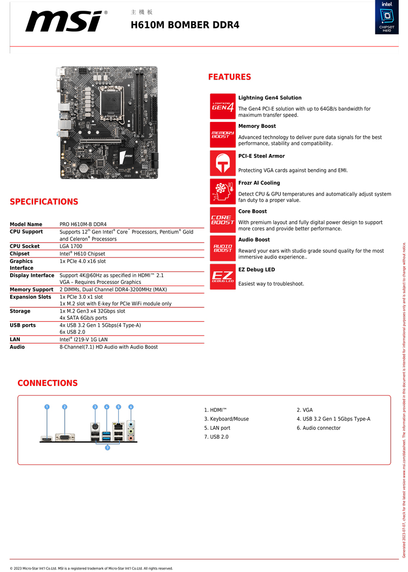 MSI 微星 H610M BOMBER DDR4 主機板+K