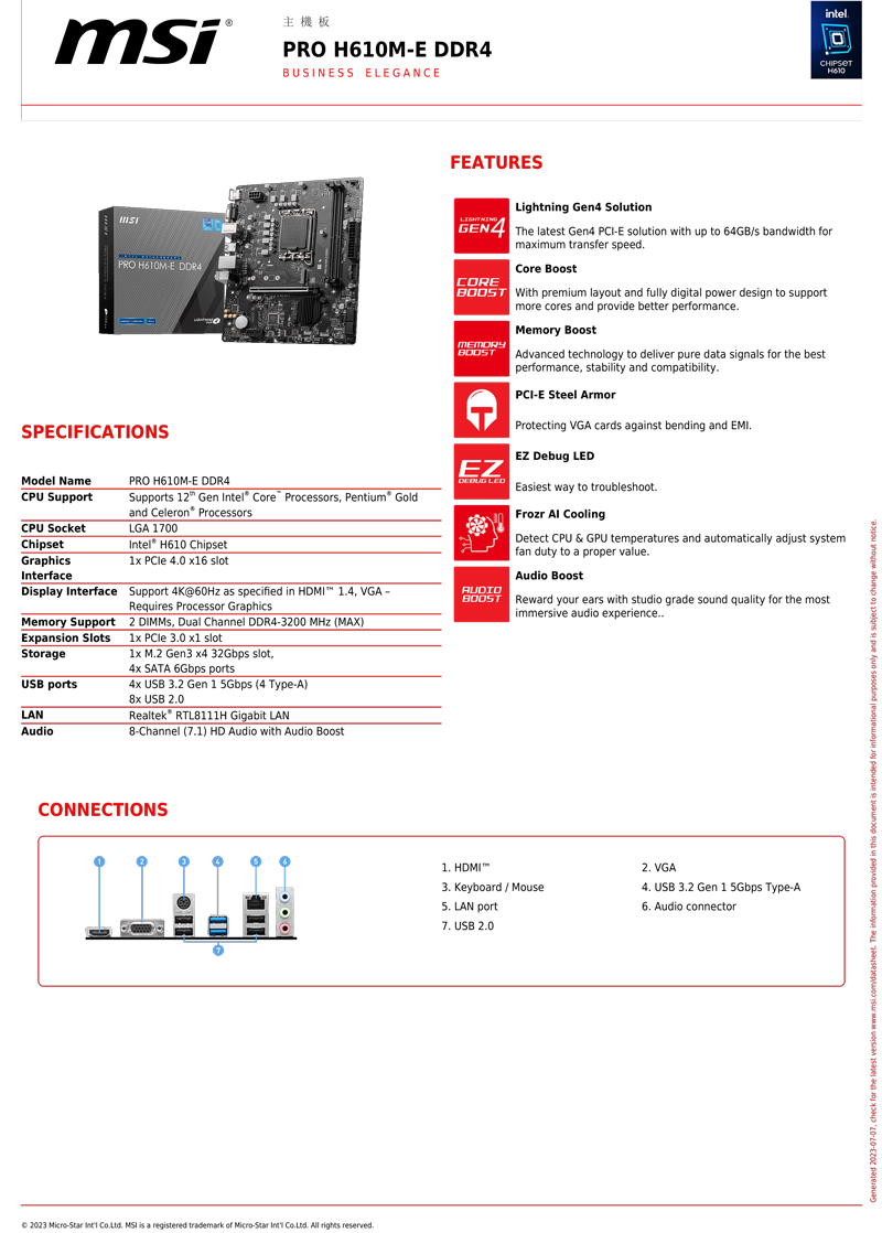 MSI 微星 PRO H610M-E DDR4 主機板+微星
