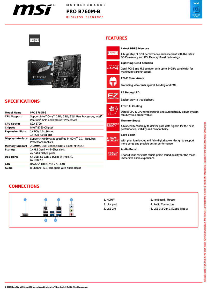 MSI 微星 PRO B760M-B 主機板+微星 SPAT