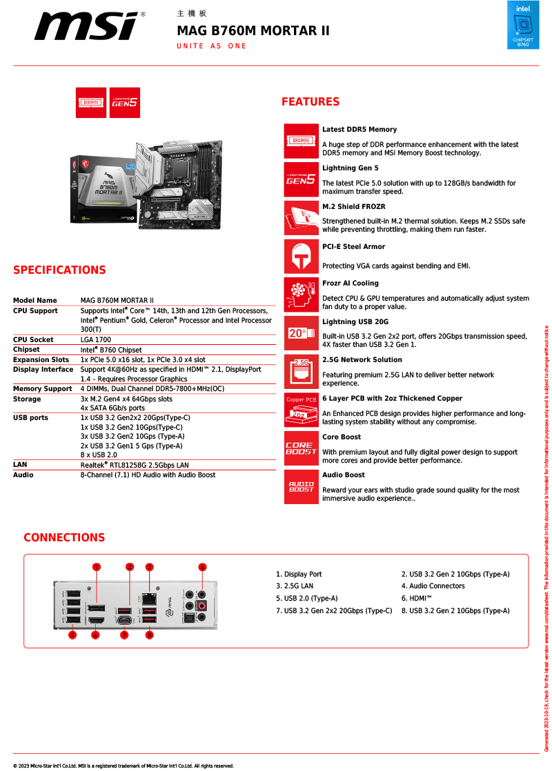 MSI 微星 MAG B760M MORTAR II 主機板