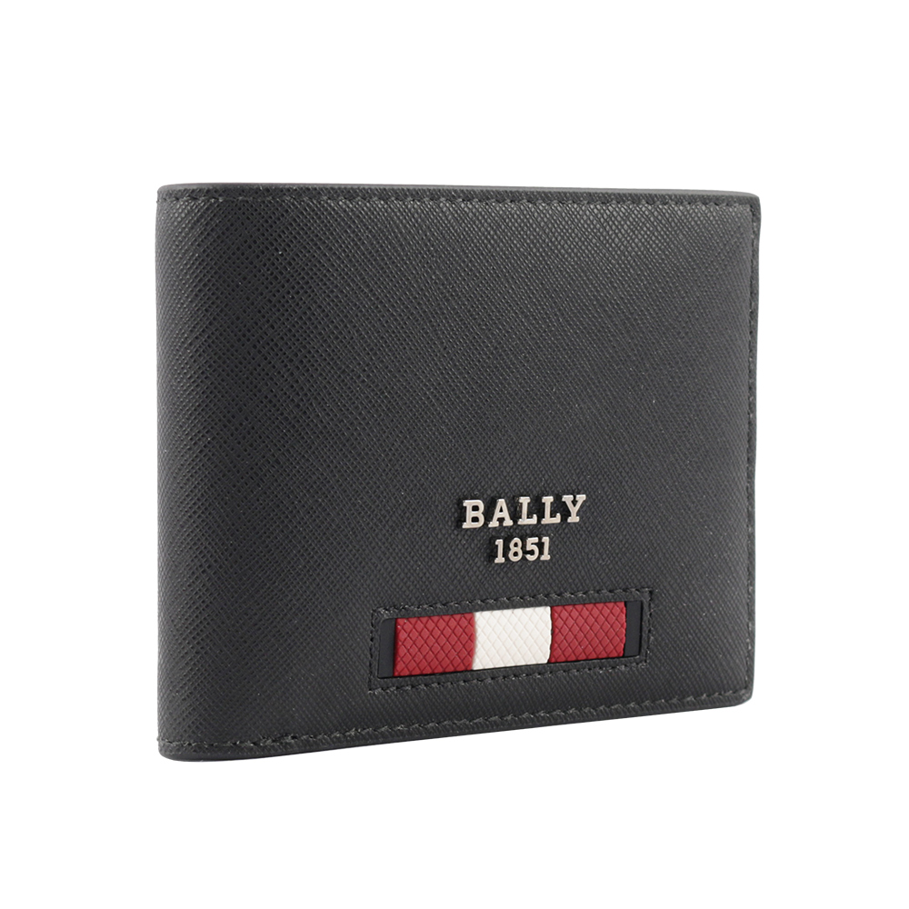 BALLY Bevye 再生牛皮紅白條紋對開6卡短夾(黑色)