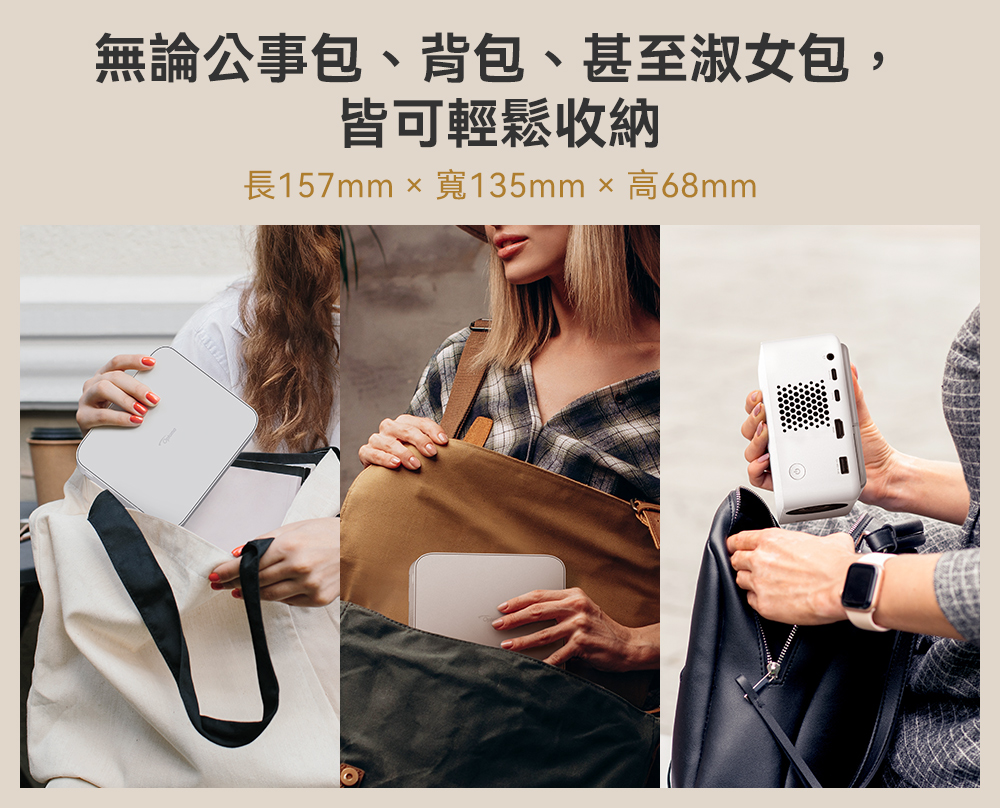 無論公事包、背包、甚至淑女包, 皆可輕鬆收納 長157mm  寬135mm 高68mm 