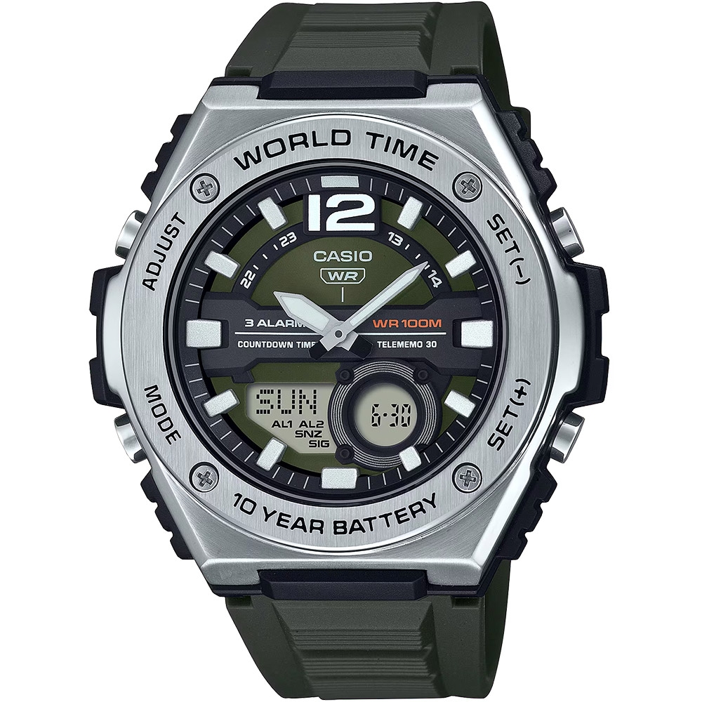 CASIO 卡西歐 超個性十年電力不鏽鋼錶圈造型雙顯錶-墨綠