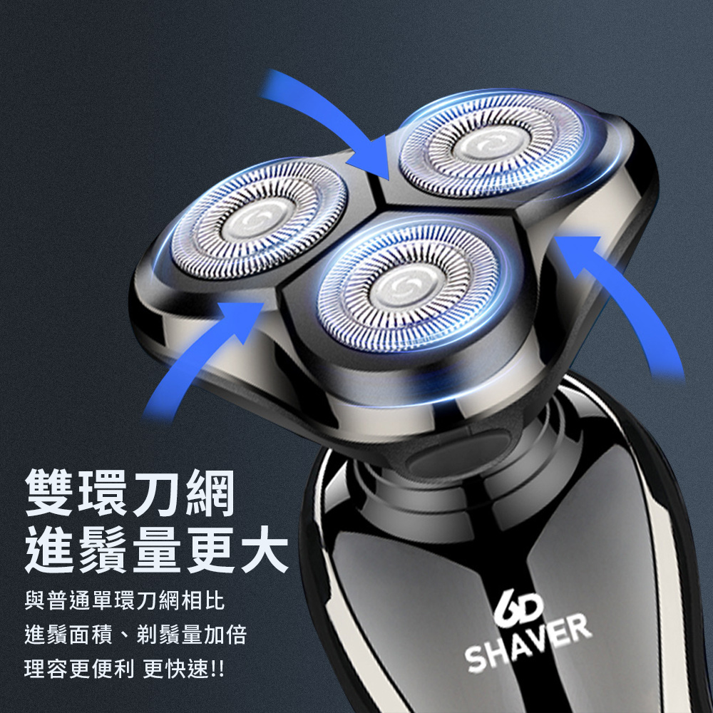 雙環刀網 進鬚量更大 與普通單環刀網相比 進鬚面積、剃鬚量加倍 理容更便利 更快速 