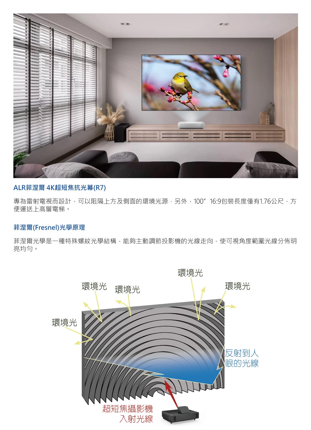 專為雷射電視而設計,可以阻隔上方及側面的環境光源,另外,100 169包裝長度僅有1.76公尺,方