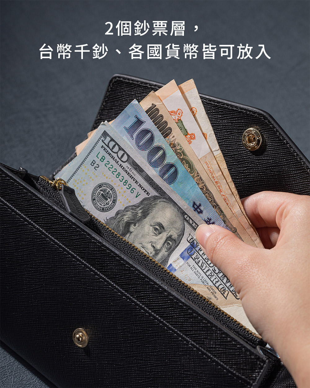 2個鈔票層, 台幣千鈔、各國貨幣皆可放入 SINGAPURA 新加坡L 健康i 