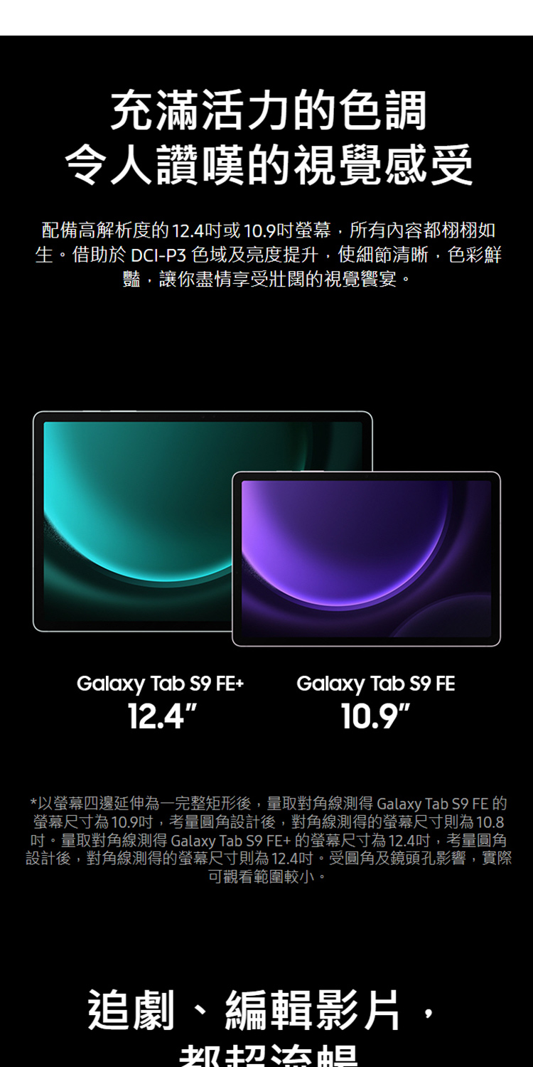 吋。量取對角線測得 Galaxy Tab S9 FE 的螢幕尺寸為12.4吋,考量圓角