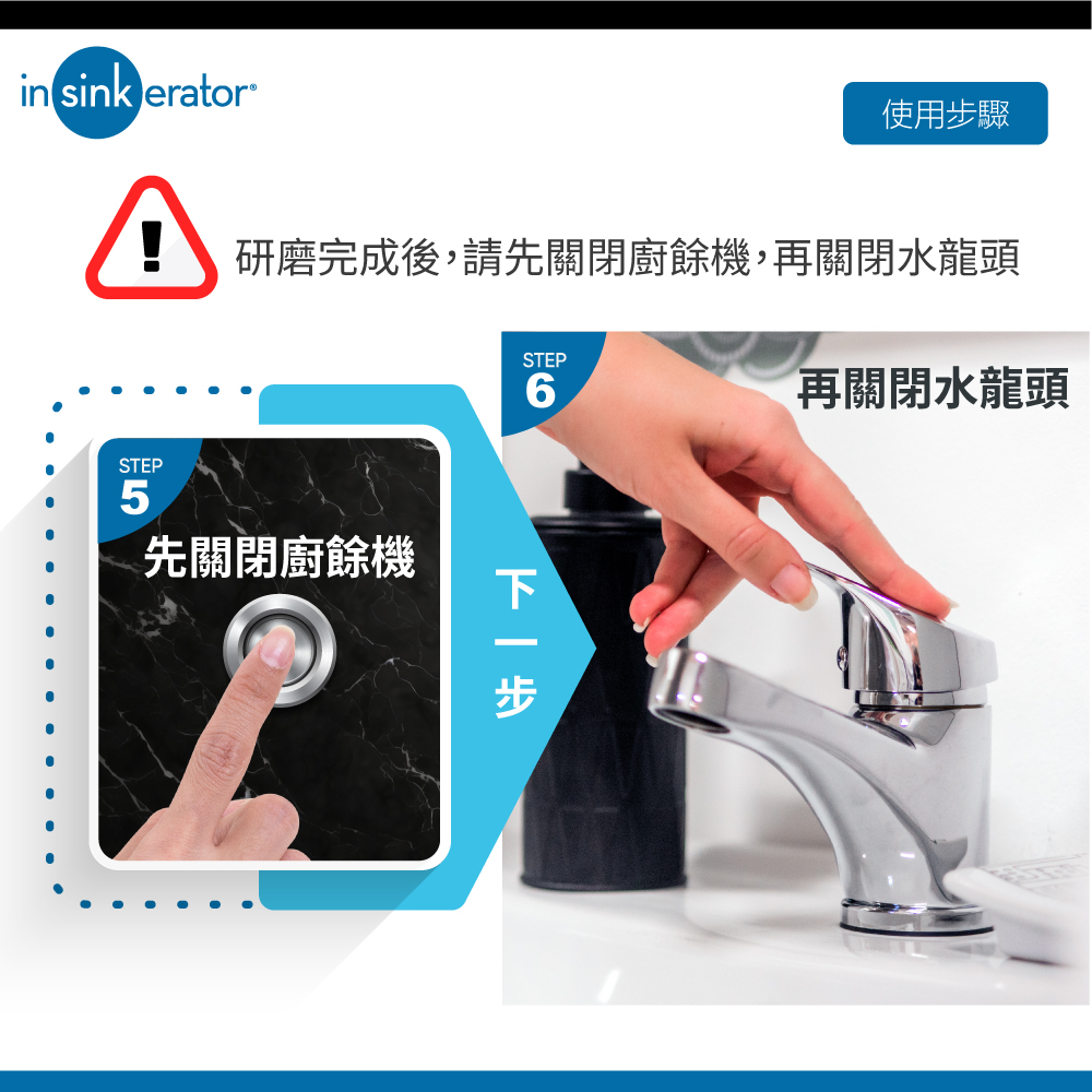 研磨完成後,請先關閉廚餘機,再關閉水龍頭 再關閉水龍頭 先關閉廚餘機 使用步驟 下一步 