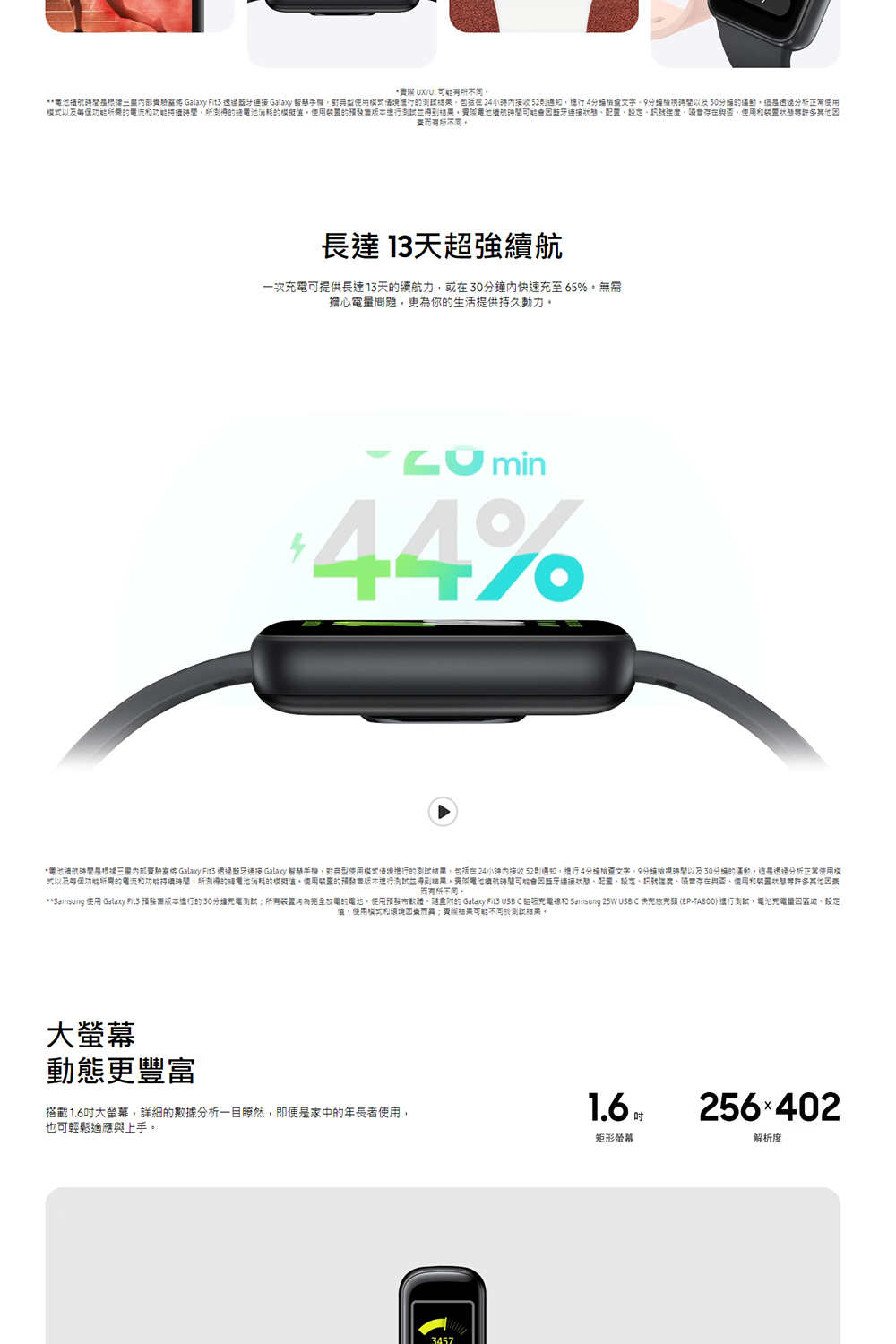 Samsung 使用 Galaxy Fit3 预發售版本進行的30分编充電測試所有装置均為完全放電的電池,使用預發布軟體、隨盒附的 Galaxy Fit3 USB C 磁吸充電線和 Samsung 25W USB C 快充旅充頭 EPTA800 進行測試。電池充電是因區域、設定