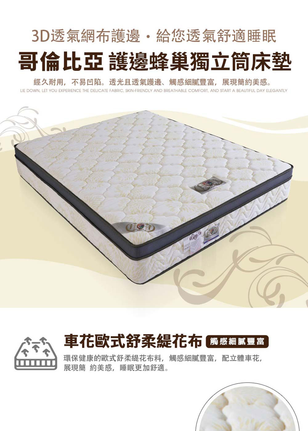 myhome8 居家無限 哥倫比亞護邊蜂巢獨立筒床墊-3.5