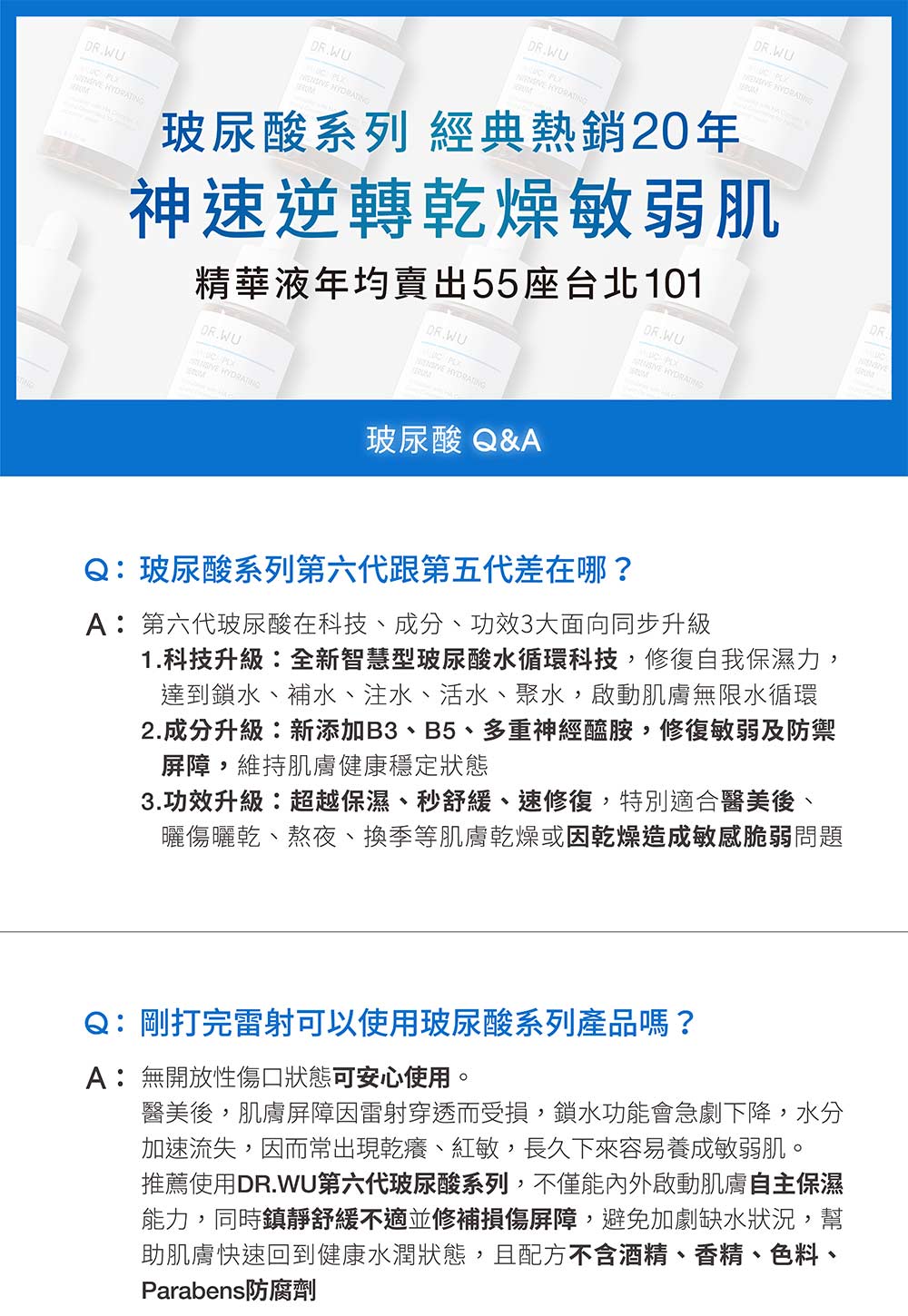 推薦使用DR.WU第六代玻尿酸系列,不僅能內外啟動肌膚自主保濕