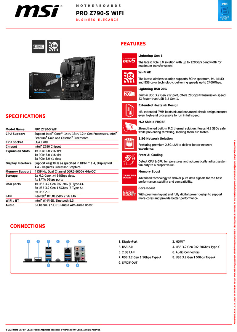 MSI 微星 PRO Z790-S WIFI 主機板+KIO